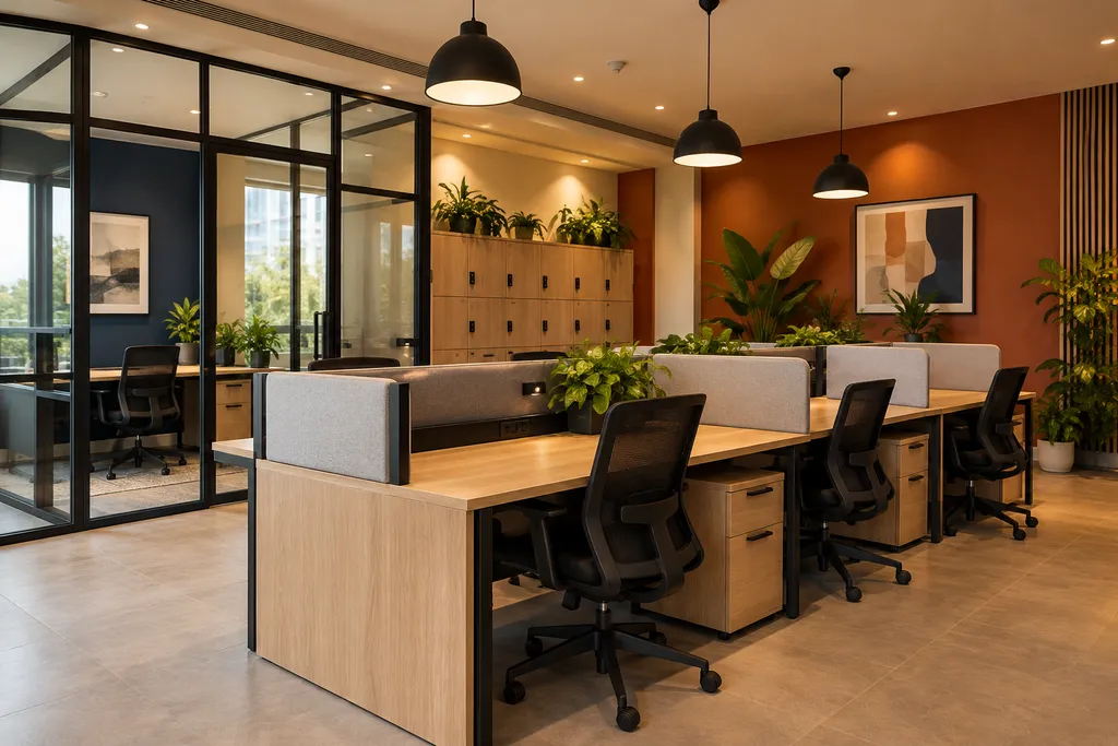 dedicated workstations with individual desks and office chairs