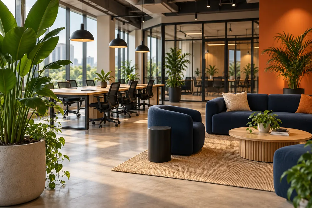 Light-filled workspace with navy seating, oak tables and plants
