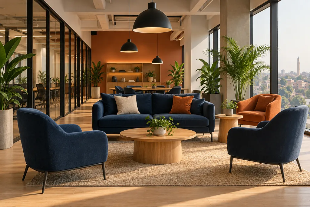 Lounge area with contemporary furniture and plants