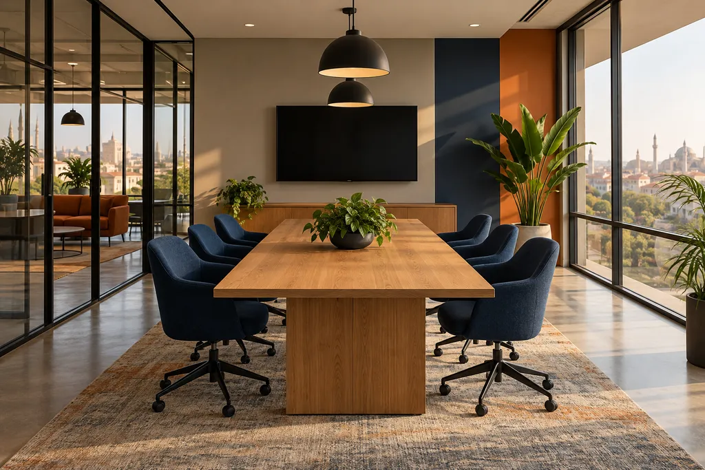 Shared meeting room with contemporary furniture and plants